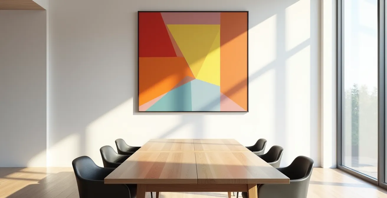 Vue large d'un espace de bureau épuré avec table de réunion moderne et éclairage naturel