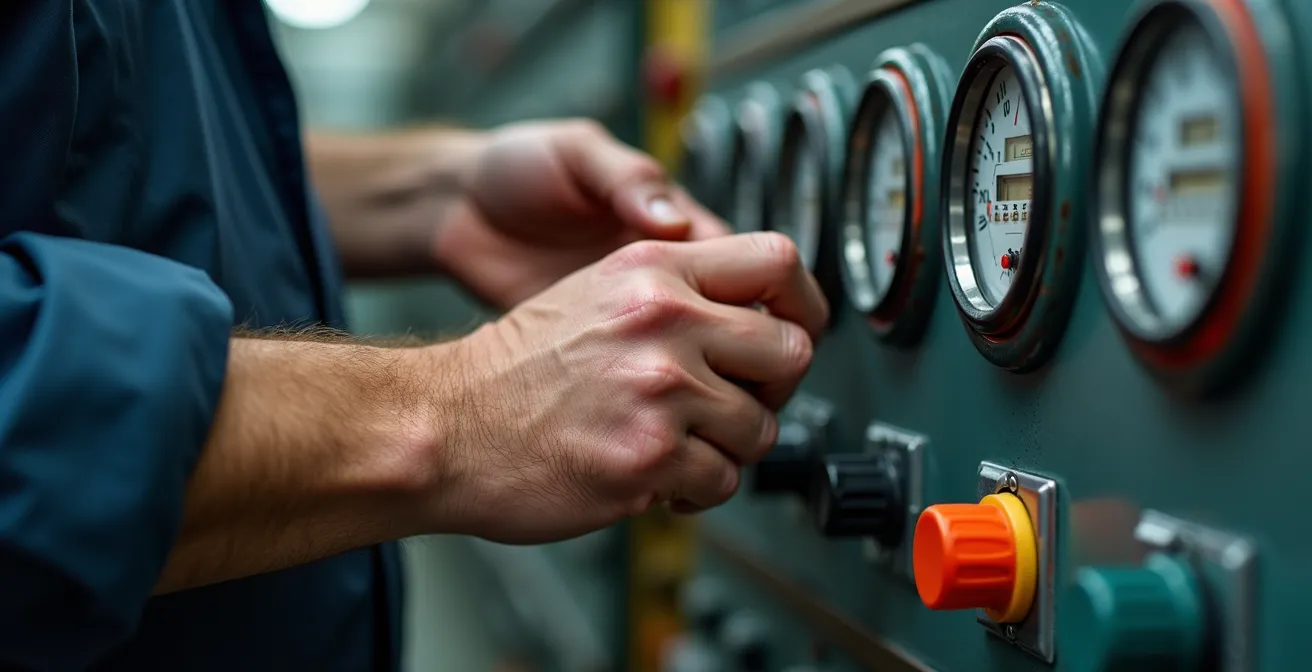 Portrait rapproché des mains expertes d'un technicien ajustant un équipement électrique industriel