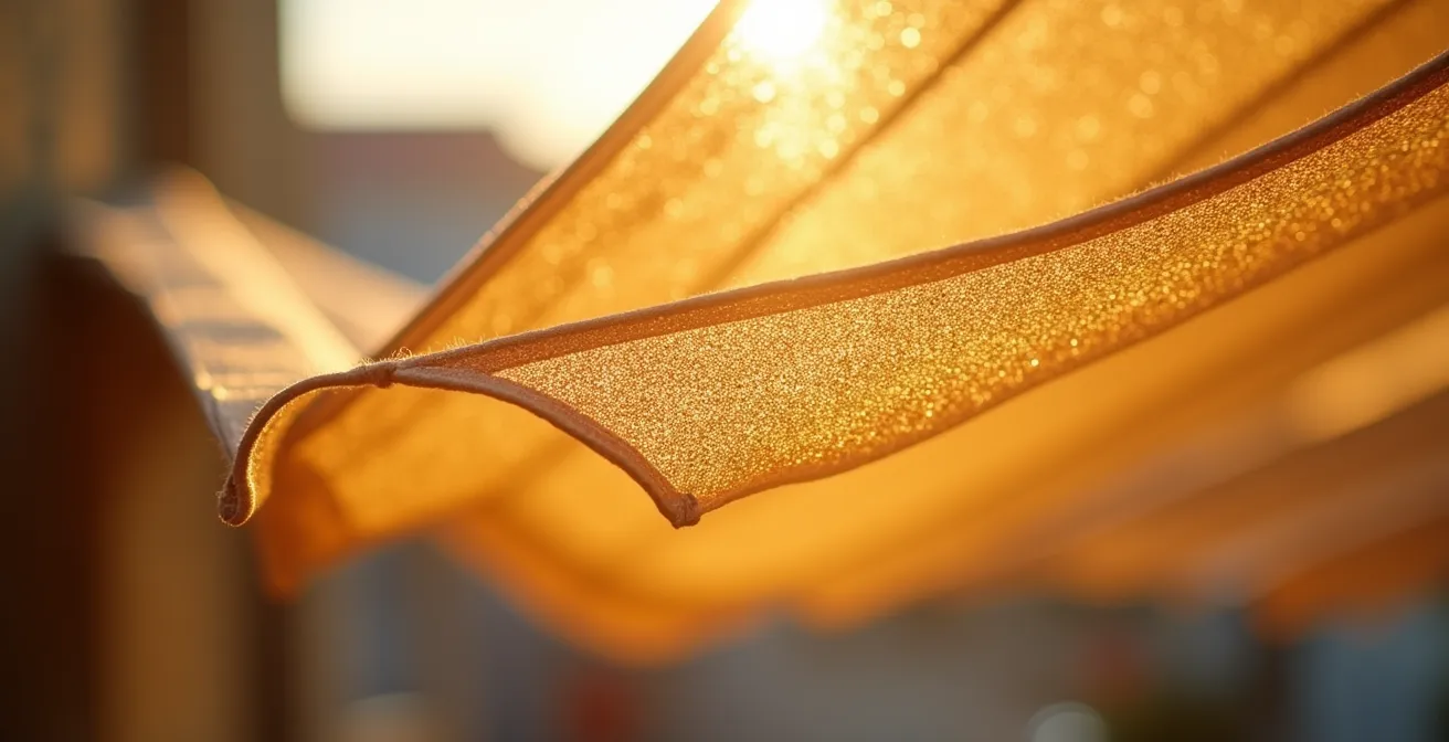 Détail macro d'une toile de store acrylique montrant la structure du tissage et la réflexion de la lumière