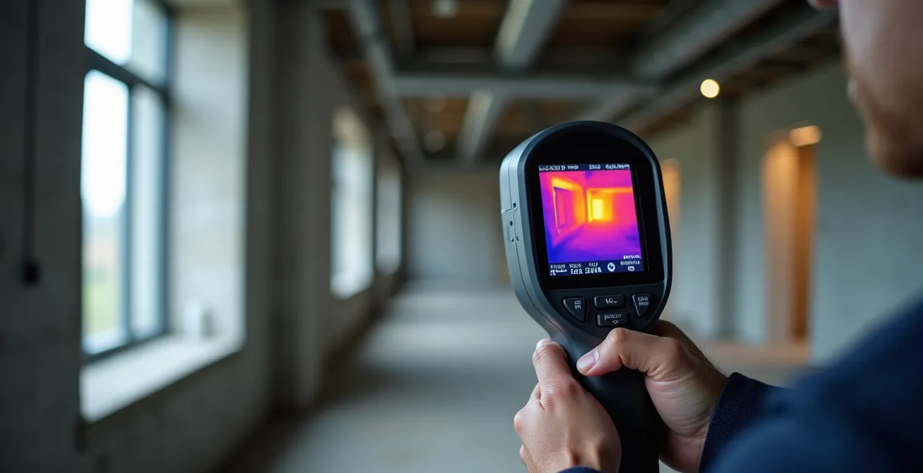 Ingénieur analysant des données thermiques sur site avec équipement de mesure professionnel