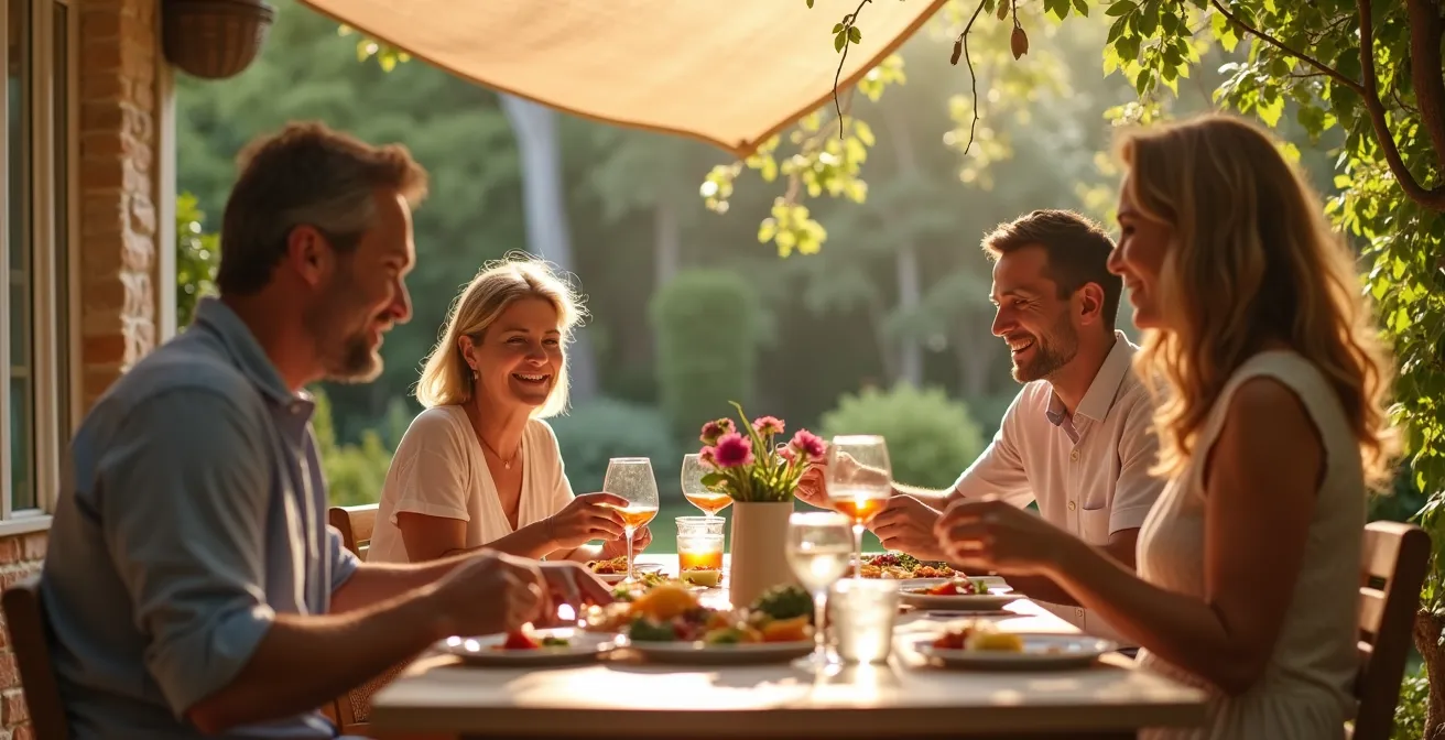 Famille profitant d'un repas sur terrasse ombragée par store banne, ambiance détendue
