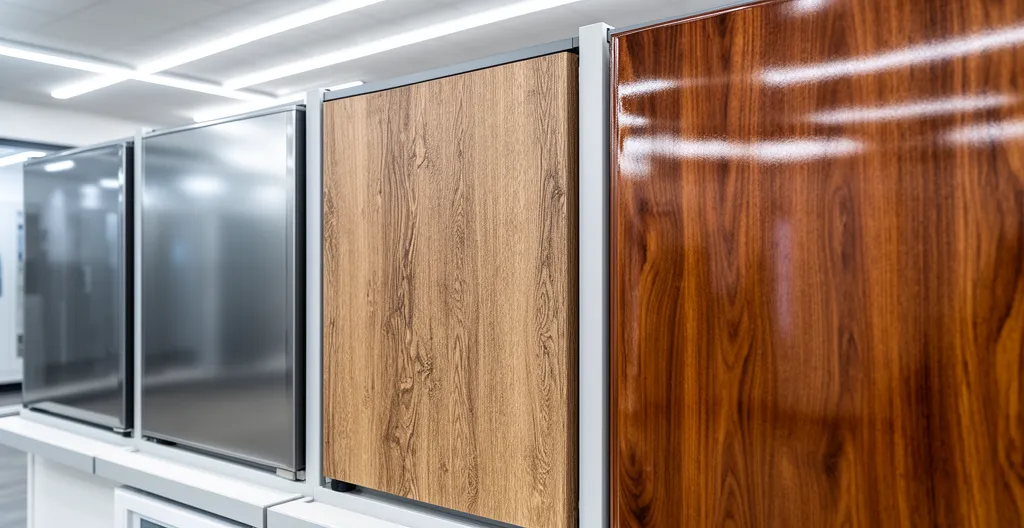 Trois échantillons de matériaux de portes alignés sur présentoir de showroom