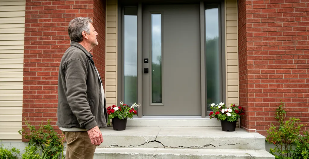 Propriétaire observant sa porte d'entrée moderne sur façade de maison québécoise