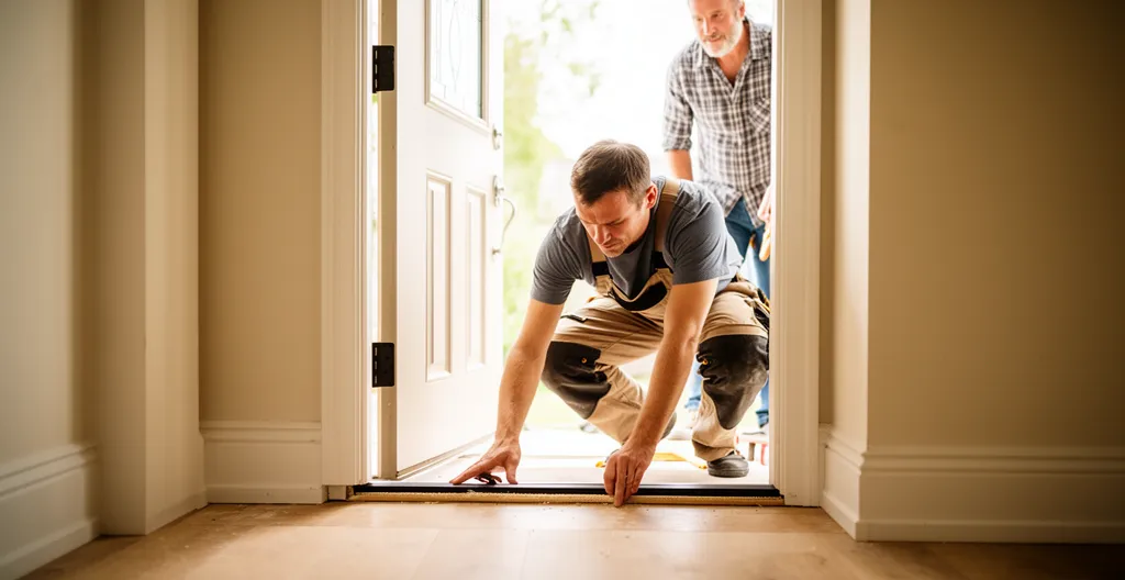 Technicien vérifiant le seuil d'une porte d'entrée récemment installée