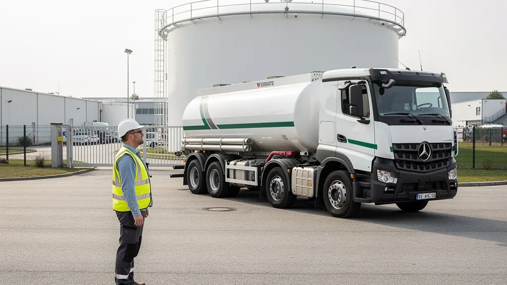 Camion-citerne propane stationné près d'une citerne blanche dans une cour d'entreprise