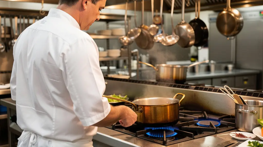 Chef cuisinier utilisant équipement de cuisson gaz propane dans cuisine professionnelle