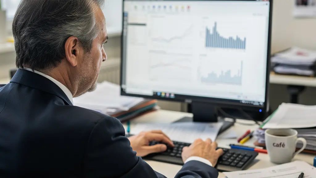 Gérant d'entreprise analysant des offres énergie sur écran d'ordinateur dans son bureau