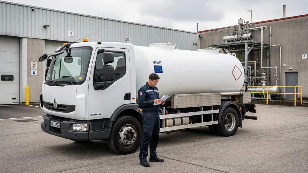 Camion-citerne de livraison gaz propane arrivant dans cour d'entreprise