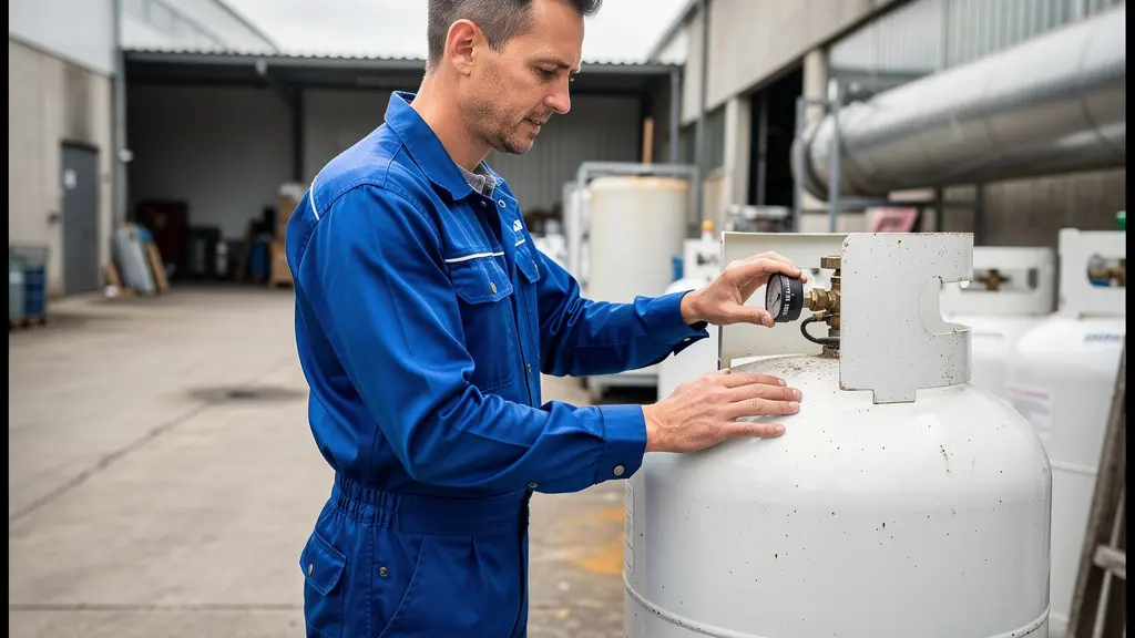 Technicien vérifiant la jauge d'une citerne propane dans une cour d'atelier industriel