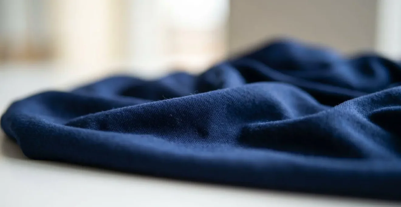 Gros plan sur la texture d'un hijab en jersey liquid avec des plis naturels et des reflets de lumière sur une surface blanche épurée