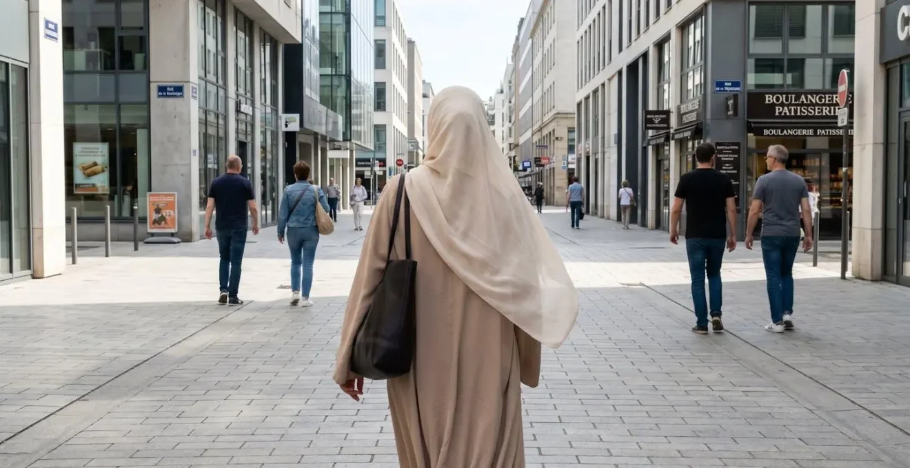 Une femme vue de dos portant une abaya beige contemporaine et un hijab clair marche dans une rue européenne lumineuse aux façades modernes