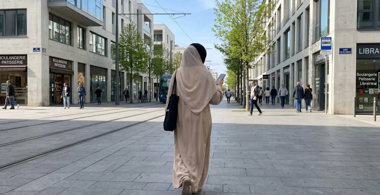 Une femme vue de dos portant une abaya beige contemporaine et un hijab clair marche dans une rue européenne lumineuse aux façades modernes