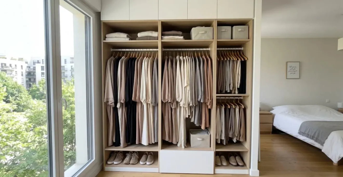 Penderie organisée avec des vêtements pudiques suspendus dans des tons neutres et beiges, baignée de lumière naturelle dans un intérieur contemporain épuré