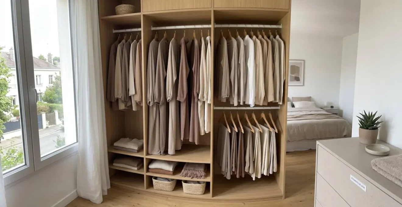 Penderie organisée avec des vêtements pudiques suspendus dans des tons neutres et beiges, baignée de lumière naturelle dans un intérieur contemporain épuré