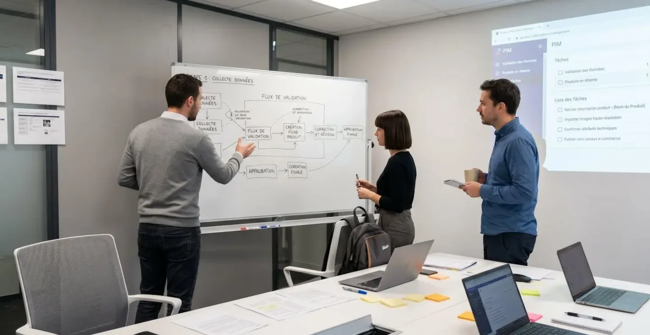 Atelier collaboratif avec tableau blanc workflow et écran affichant interface PIM, équipes en discussion validation données