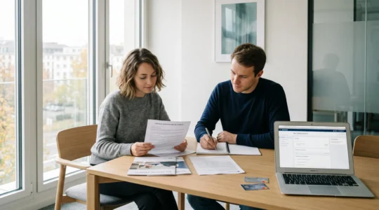 Couple consultant ensemble des documents bancaires à une table en bois clair dans une agence bancaire moderne lumineuse, ordinateur portable et cartes bancaires visibles