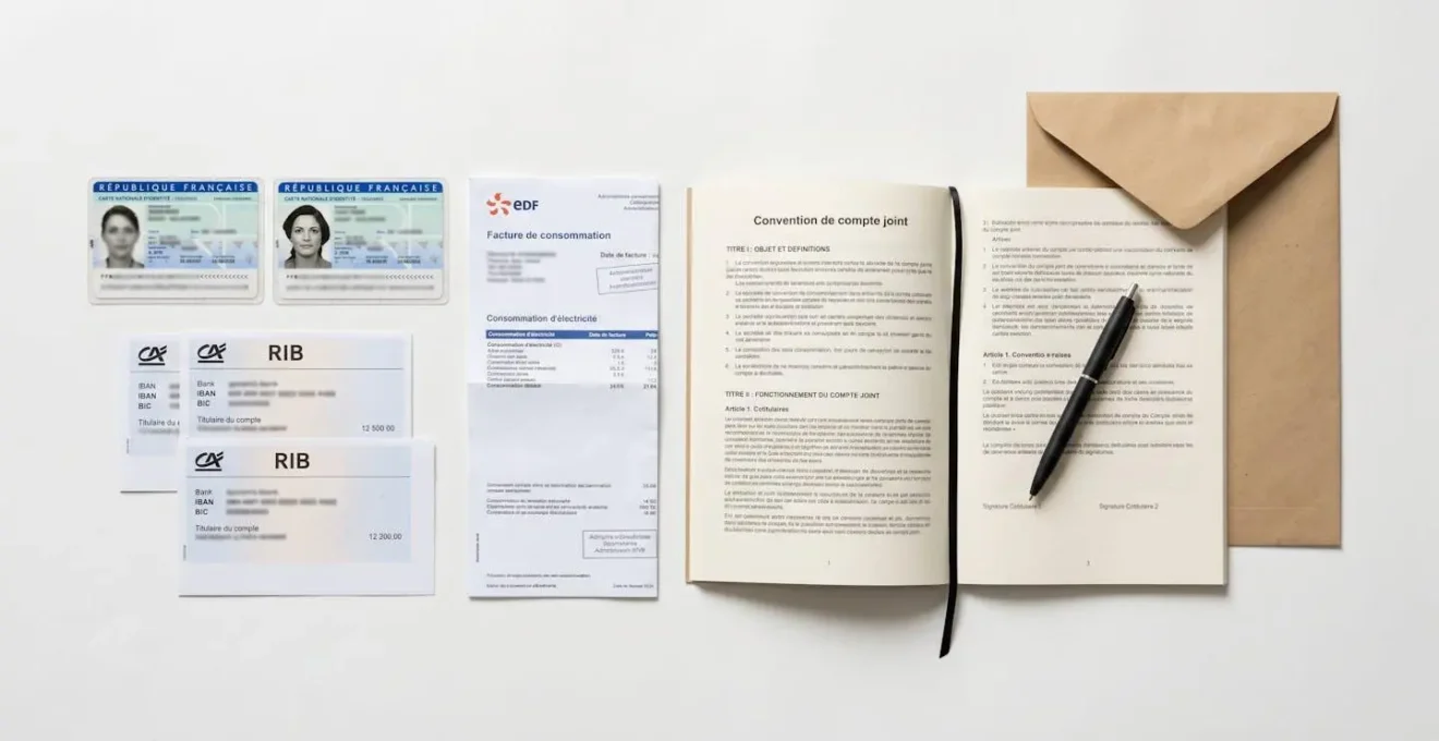 Vue en plongée sur documents administratifs pour compte joint : deux cartes d'identité françaises, RIB, justificatif domicile, contrat de compte ouvert et stylo sur surface blanche