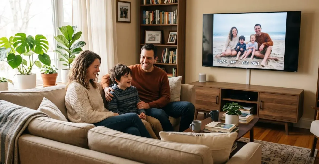 Famille de trois personnes regardant ensemble une vidéo sur leur télévision dans un salon lumineux