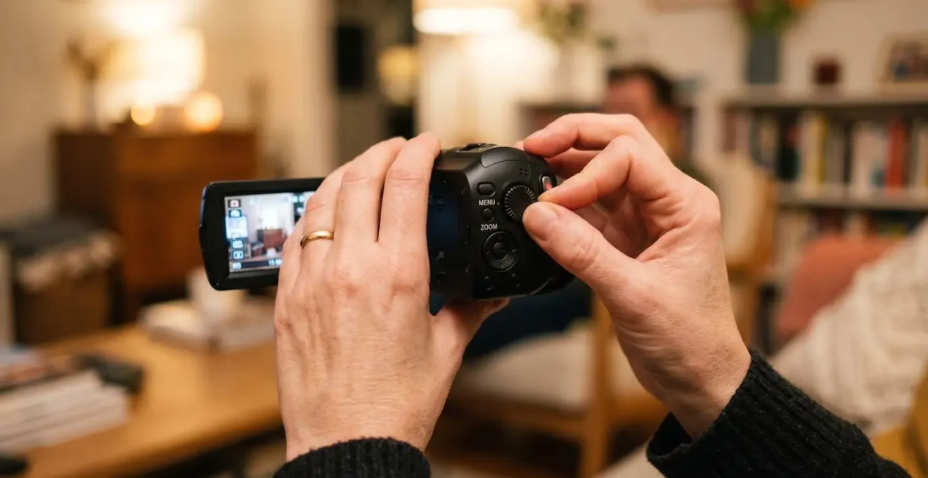 Gros plan sur les mains d'une personne ajustant les réglages d'un caméscope en intérieur avec lumière chaude