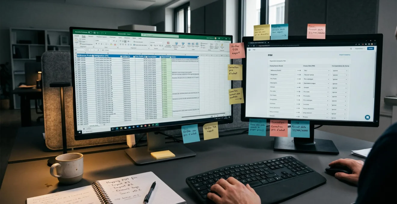 Écrans montrant migration données Excel vers interface PIM avec mapping champs, environnement projet IT