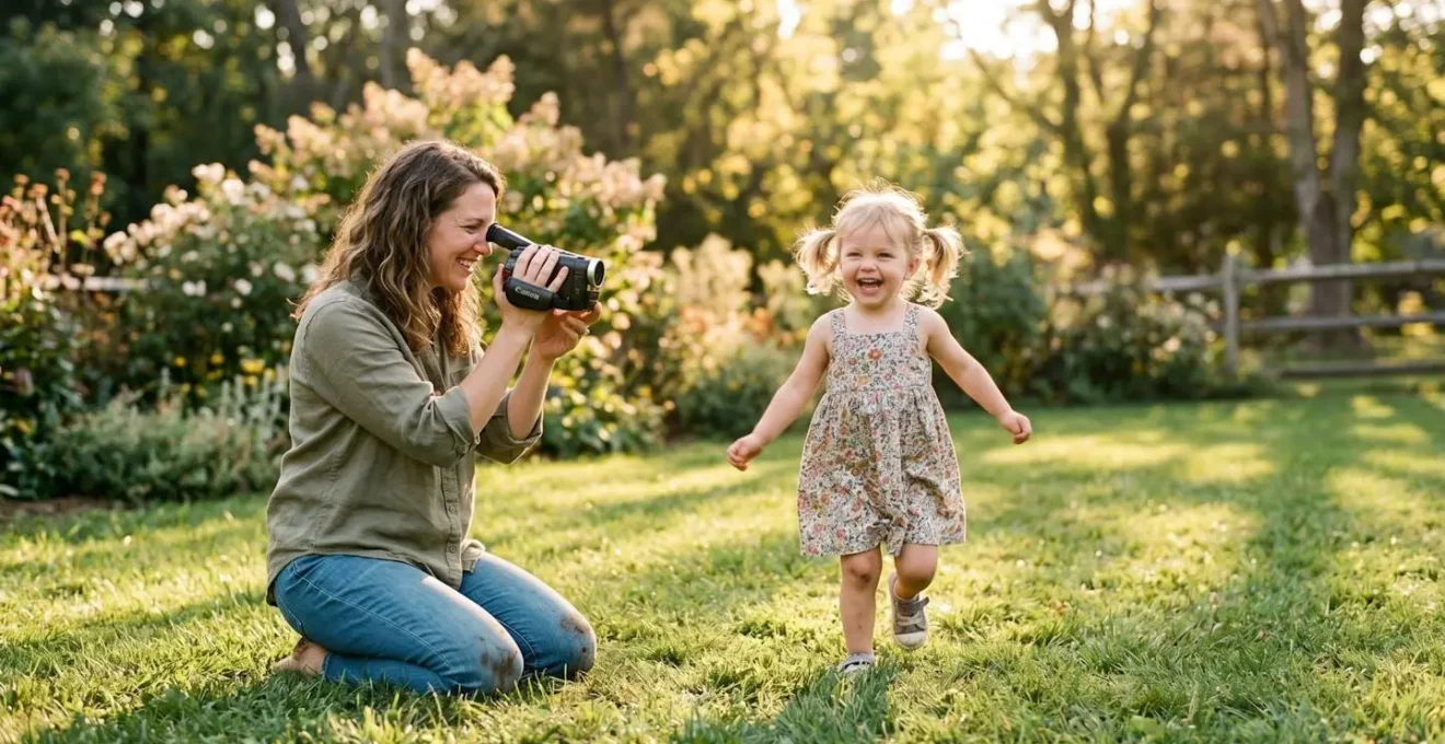Parent filmant son enfant qui court dans un jardin ensoleillé avec un caméscope compact