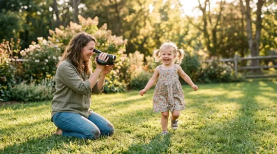 Parent filmant son enfant qui court dans un jardin ensoleillé avec un caméscope compact
