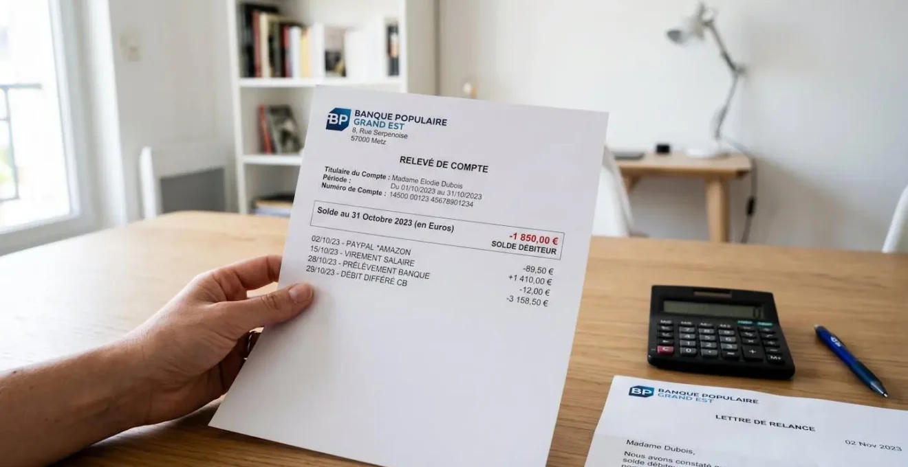 Gros plan sur un relevé bancaire montrant un solde débiteur de 1850 euros posé sur un bureau avec calculatrice et documents de relance