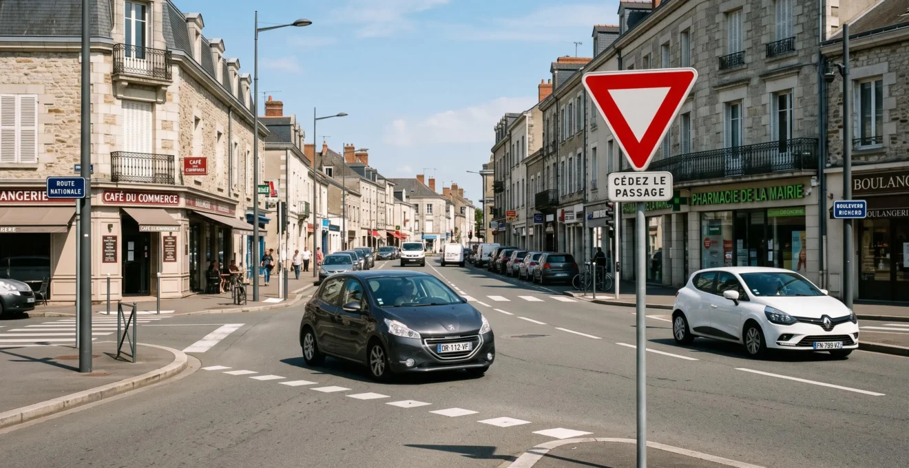 Intersection urbaine française avec un véhicule s'approchant d'un panneau cédez le passage triangulaire rouge et blanc, et un second véhicule arrivant de la droite sur la voie prioritaire