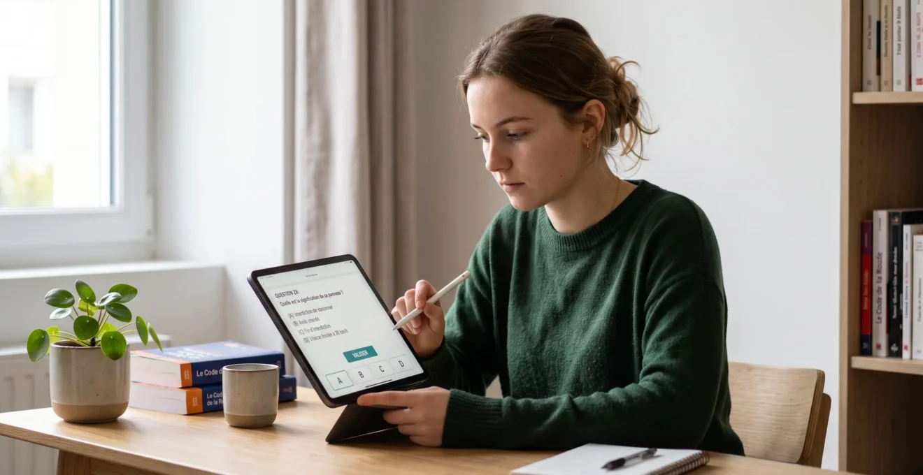 Jeune femme de 19-22 ans assise à son bureau, concentrée sur une tablette numérique affichant une interface de révision du code de la route avec question à choix multiples