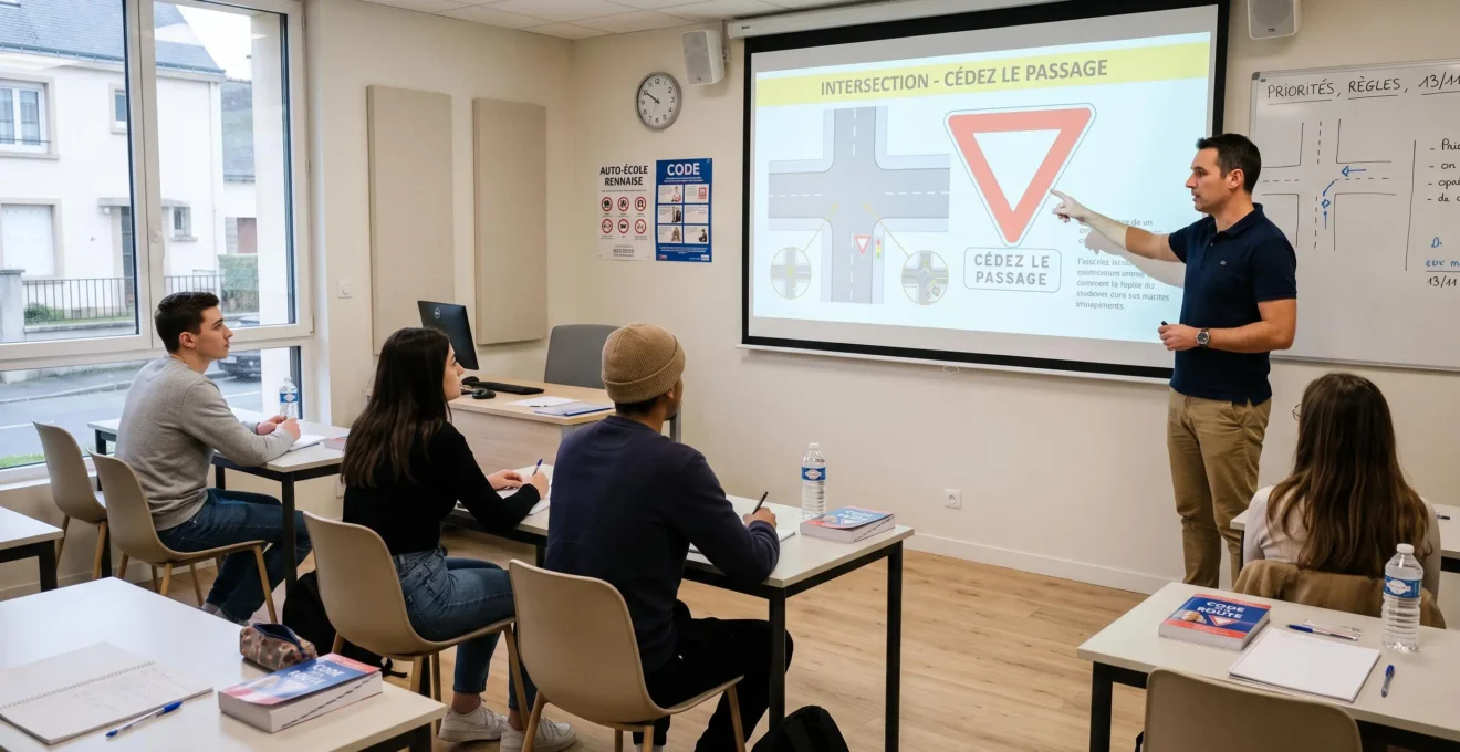 Salle de formation au code de la route dans une auto-école française, avec plusieurs candidats jeunes adultes assis face à un écran de projection affichant un panneau de signalisation, et un moniteur debout expliquant la règle