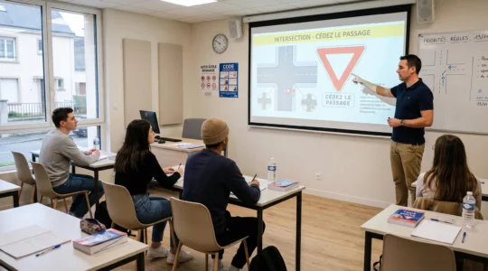 Salle de formation au code de la route dans une auto-école française, avec plusieurs candidats jeunes adultes assis face à un écran de projection affichant un panneau de signalisation, et un moniteur debout expliquant la règle