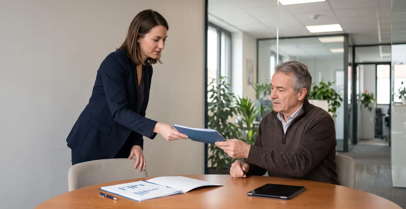 Une conseillère remet un dossier imprimé à un client assis à une table de réunion dans une agence.