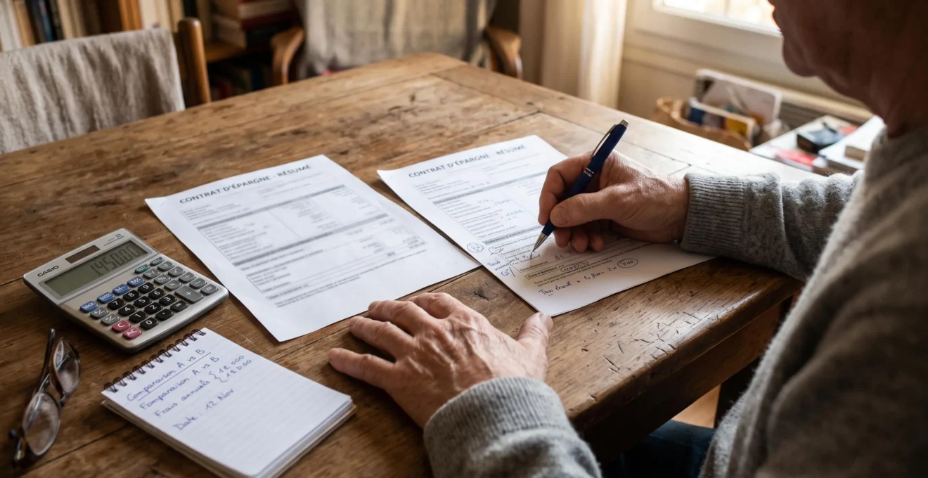 Une personne compare deux contrats d'assurance vie imprimés et annote un document avec un stylo à son domicile.