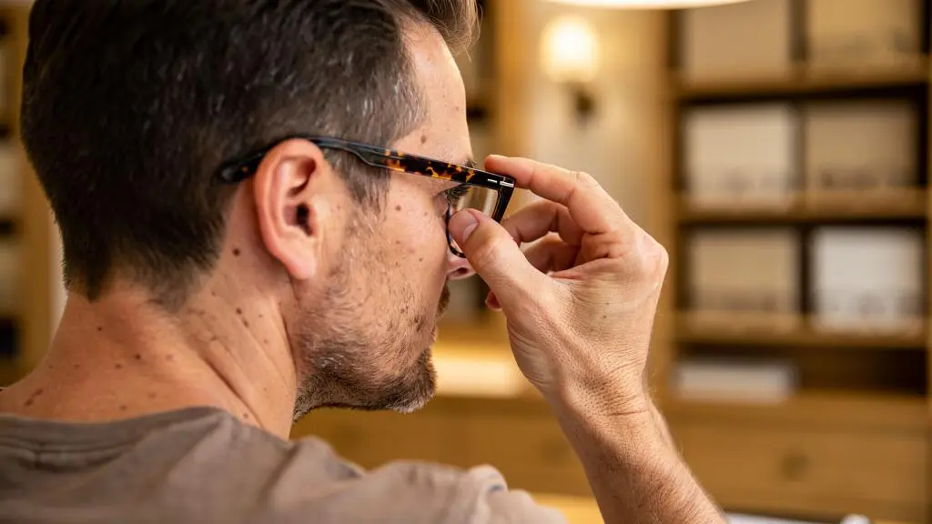 Un opticien ajuste des lunettes écaille sur le visage d'un client.
