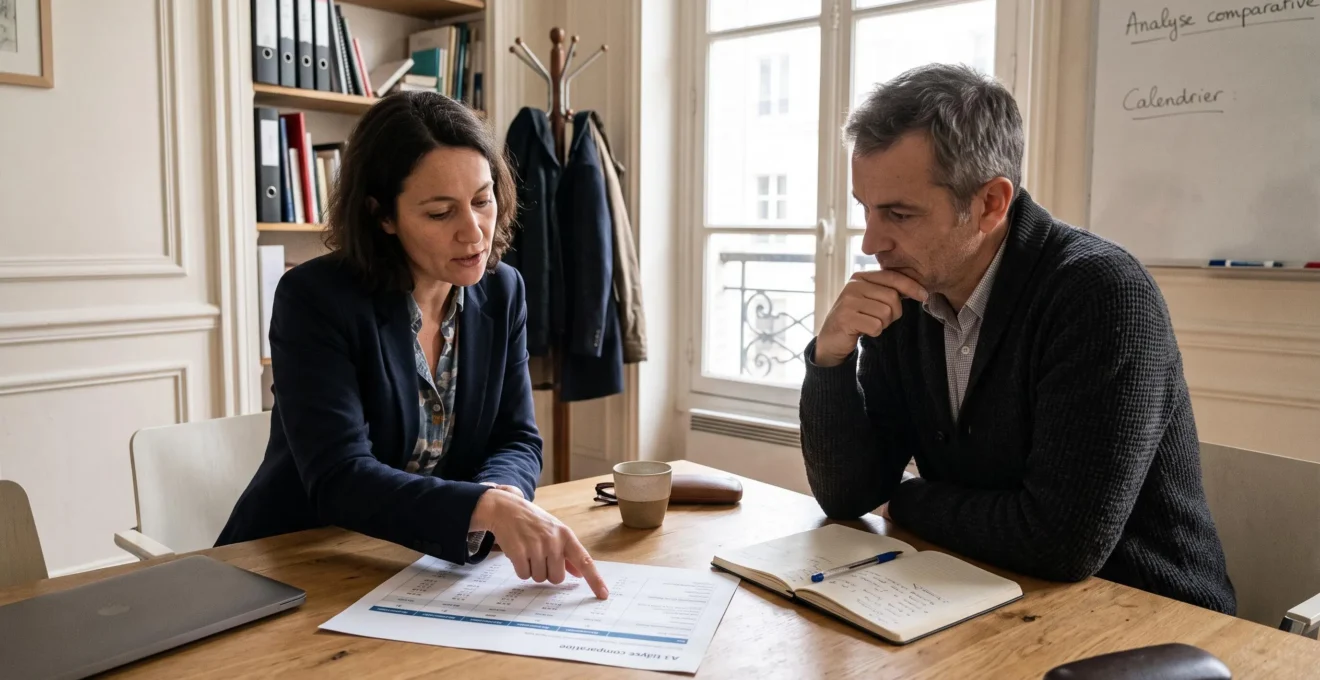 Deux professionnels comparent des documents pour choisir leur mode de gestion des relances.