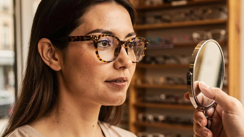 Une femme essaie des lunettes à monture écaille chez un opticien.