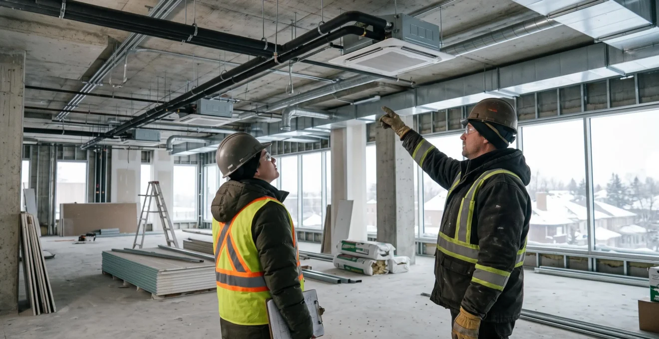 Un entrepreneur montre des unités de plafond à un gestionnaire dans un étage en rénovation.