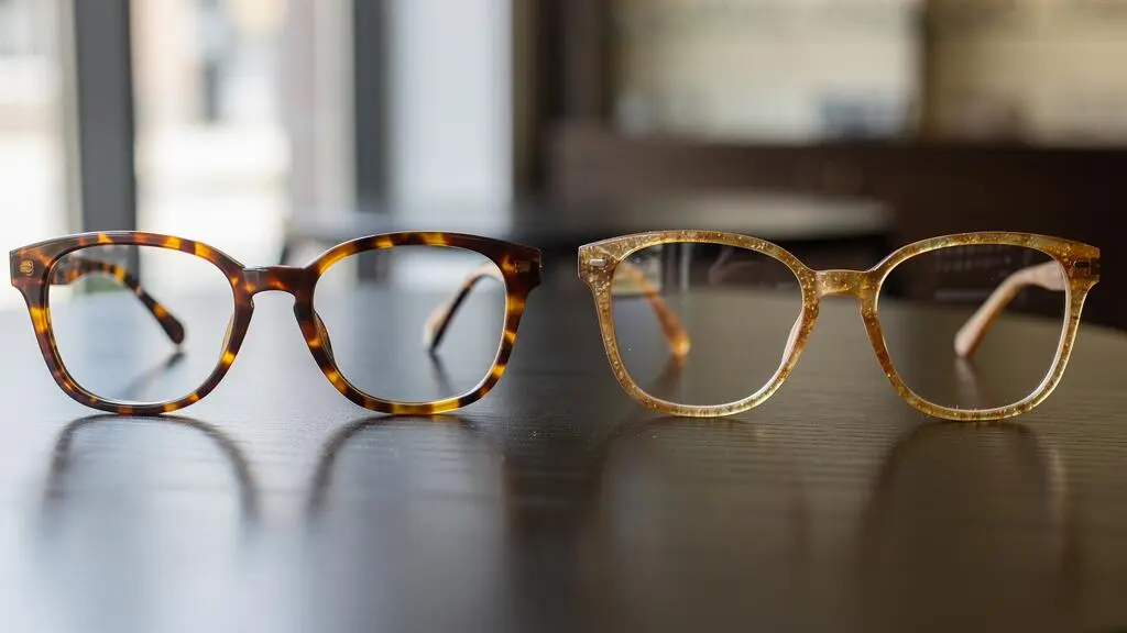 Deux paires de lunettes écaille de teintes différentes posées sur une table.