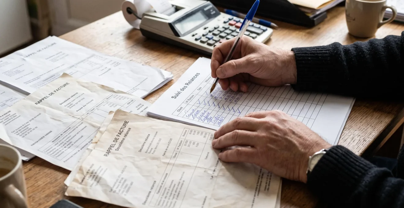Des mains classent des courriers de relance et cochent un tableau de suivi papier.