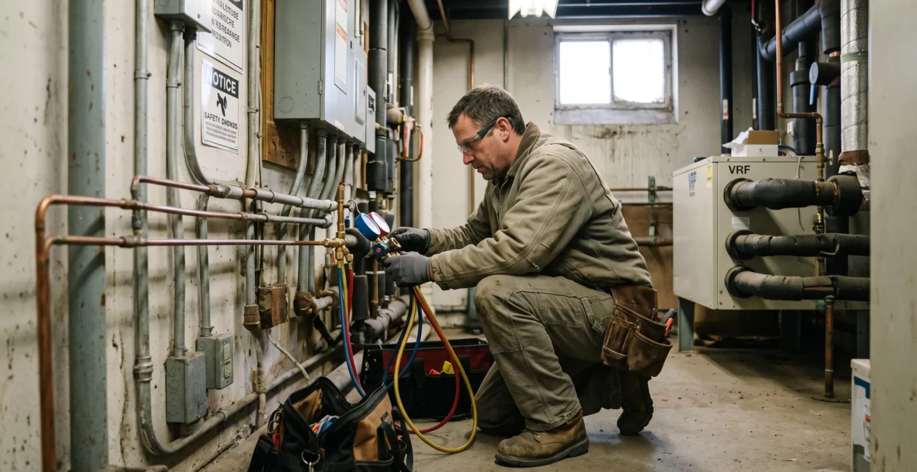 Un technicien relie des manomètres à une ligne de frigorigène d'un système DRV.