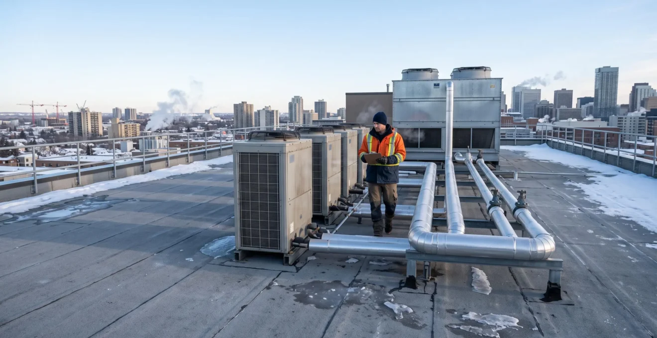 Un technicien inspecte des unités DRV et une tour de refroidissement sur un toit commercial.