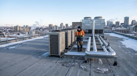 Un technicien inspecte des unités DRV et une tour de refroidissement sur un toit commercial.